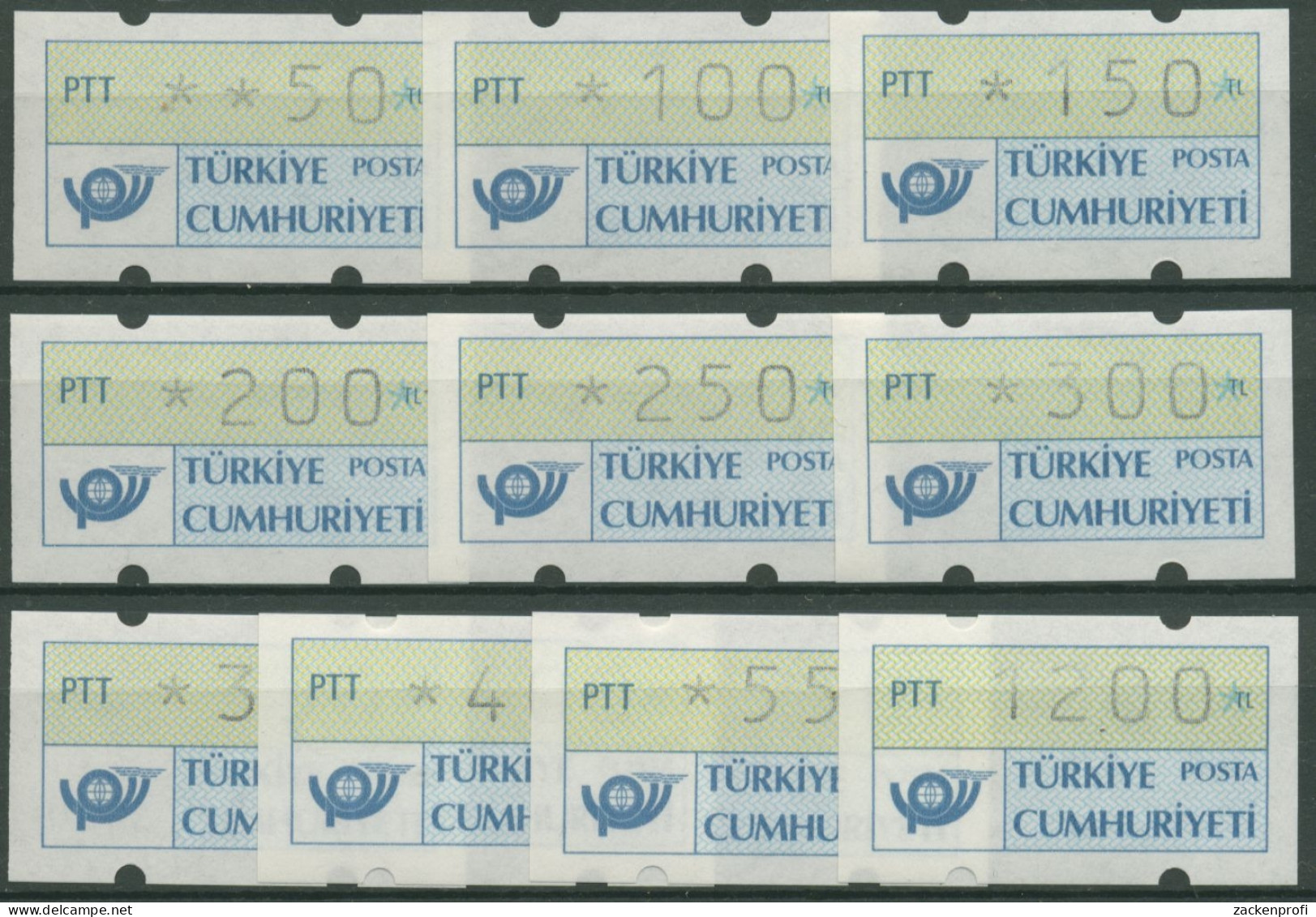 Türkei ATM 1987 Postemblem Satz 10 Werte ATM 1.1 S2 Postfrisch - Automatenmarken