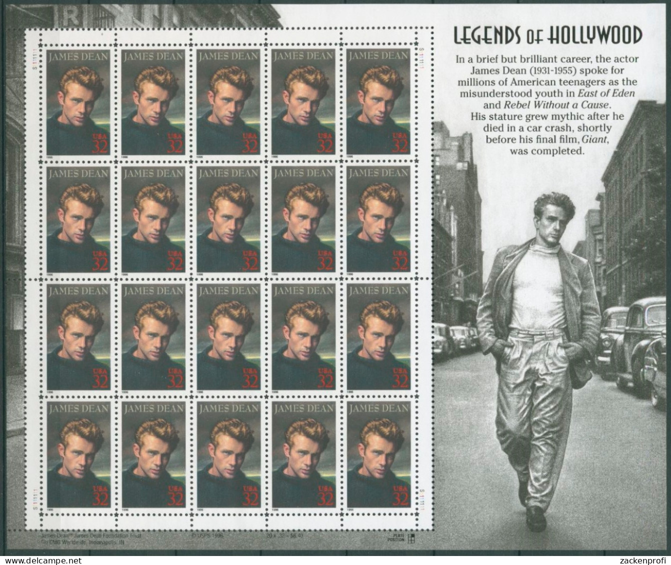 USA 1996 Hollywood-Legenden James Dean 2745 Bogen Postfrisch (SG27819) - Blocs-feuillets