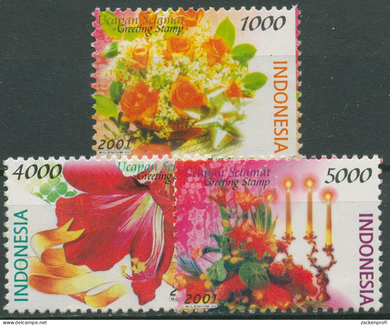 Indonesien 2001 Grußmarken Blumen Rosen Amaryllis 2103+2106/07 Postfrisch - Indonesia