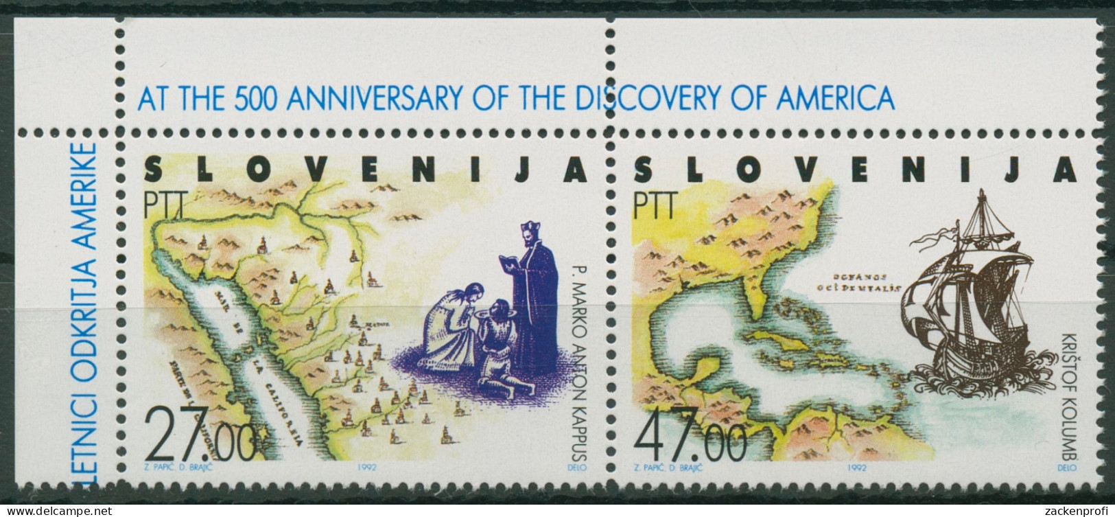 Slowenien 1992 Entdeckung Amerikas Kolumbus Landkarte 20/21 ZD Ecke Postfrisch - Slovenia