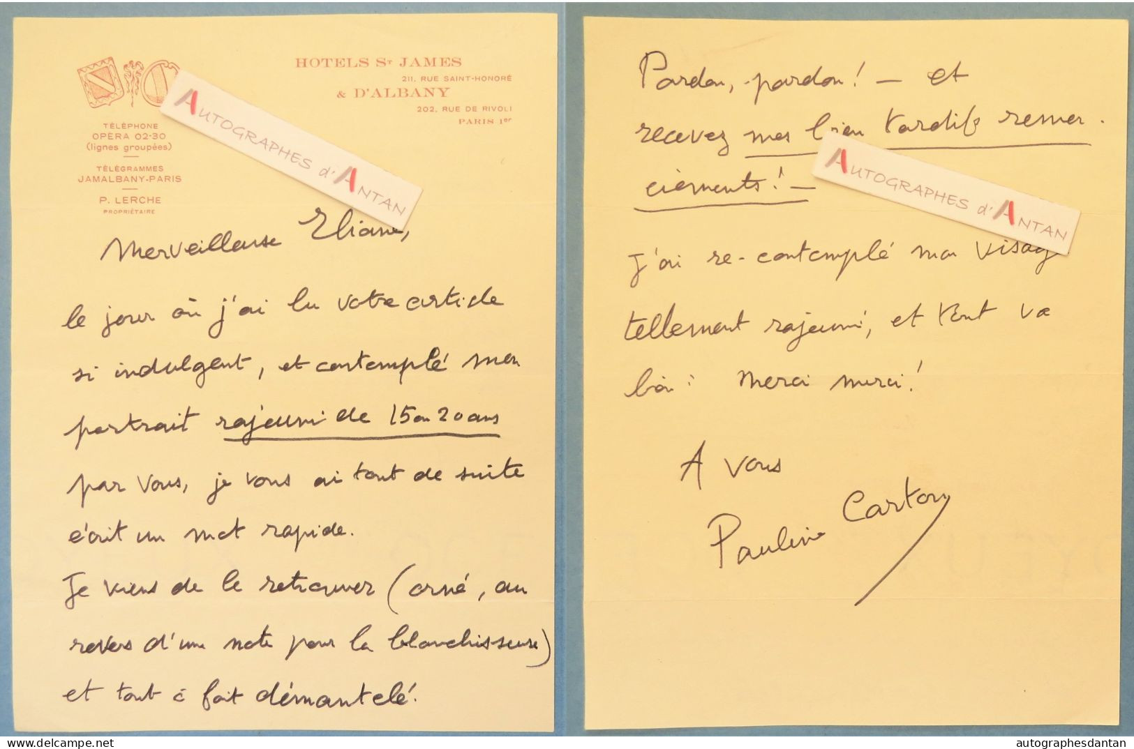 ● L.A.S Pauline CARTON Comédienne - Eliane - Hôtels St James / D'Albany - Née à Biarritz - Lettre Autographe - Acteurs & Comédiens