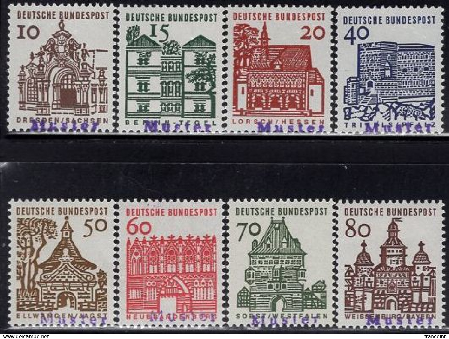 GERMANY(1964) Various Buildings And Structures. Complete Set Of 8 With MUSTER (specimen) Overprint. Scott No 903-12. - Sonstige & Ohne Zuordnung