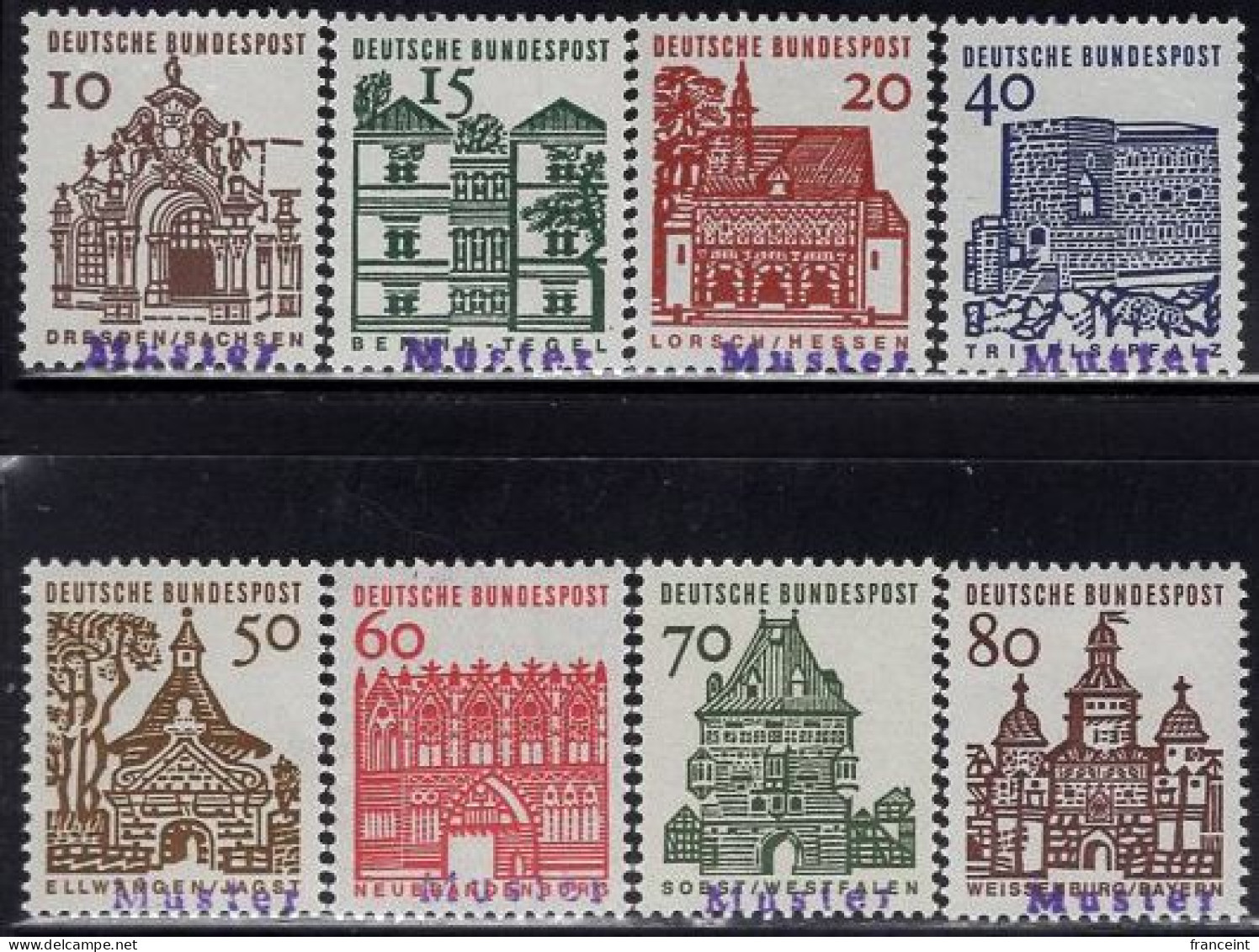 GERMANY(1964) Various Buildings And Structures. Complete Set Of 8 With MUSTER (specimen) Overprint. Scott No 903-12. - Andere & Zonder Classificatie