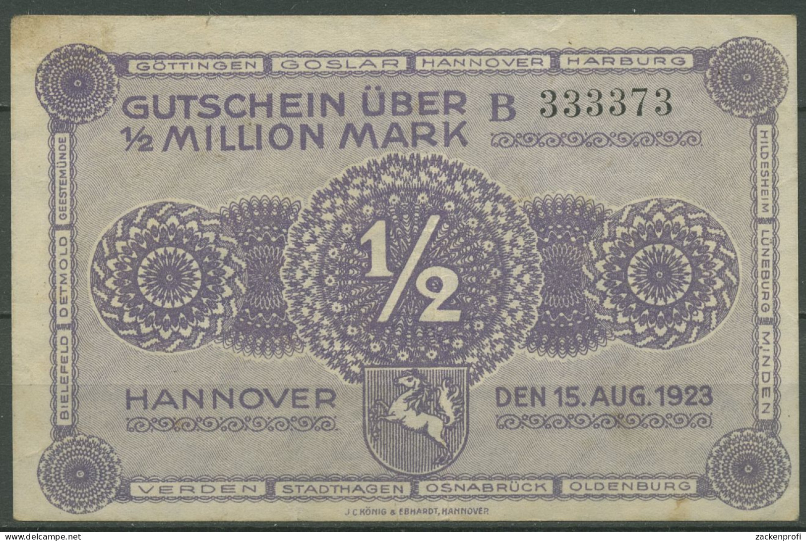 Hannover Kammern 1/2 Million Mark 1923, Keller 2169 B, Gebraucht (K1118) - Sonstige & Ohne Zuordnung