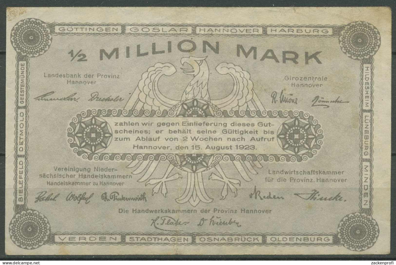 Hannover Kammern 1/2 Million Mark 1923, Keller 2169 B, Gebraucht (K1118) - Autres & Non Classés