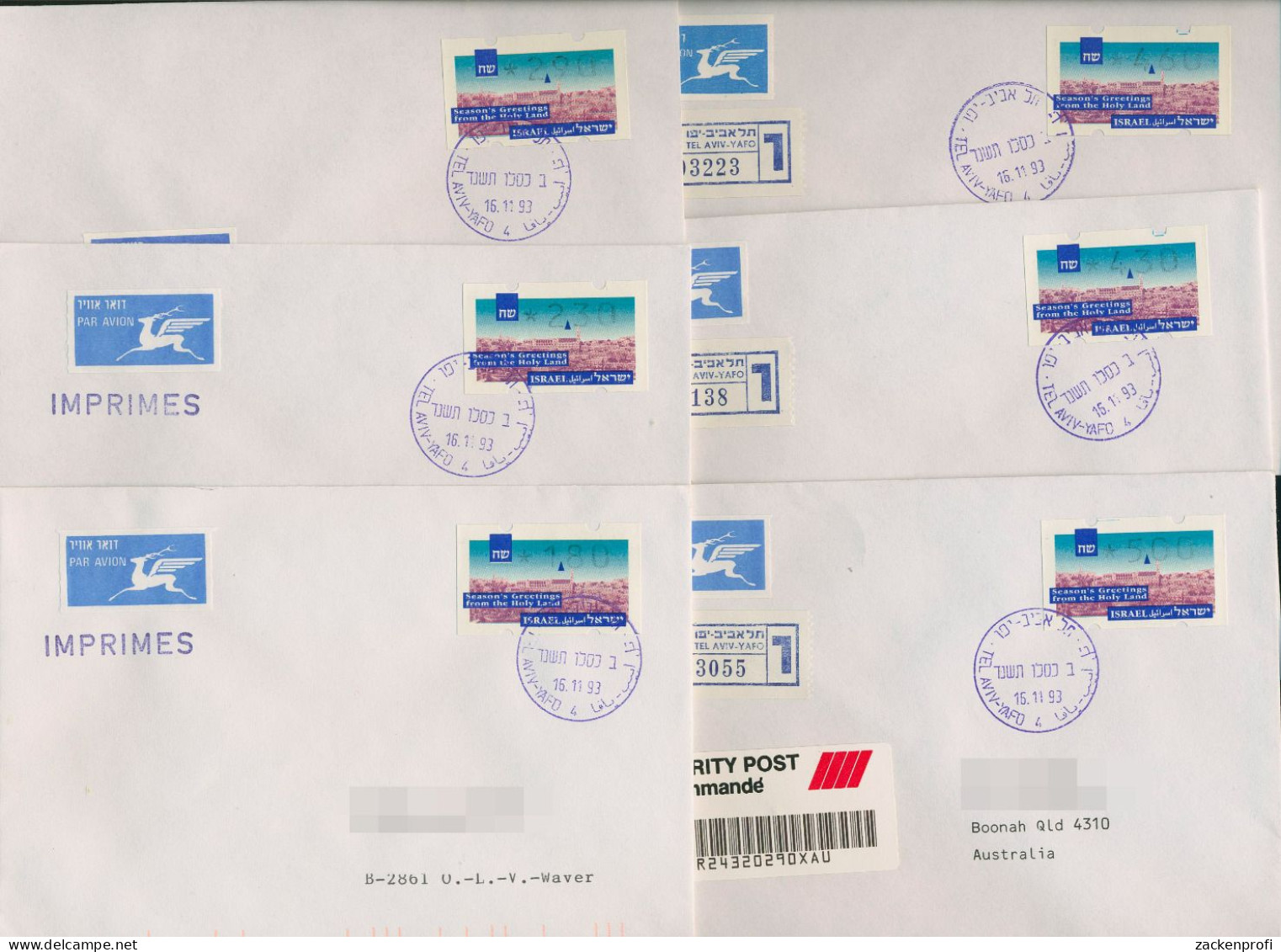 Israel ATM 1993 Weihnachten Ersttagsbriefe 6 Werte, ATM 6 S FDC (X80430) - FDC