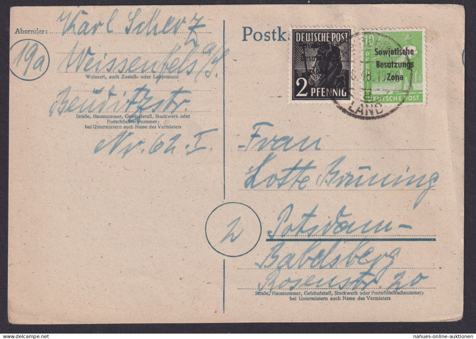 SBZ MIF Aufdruck Postkarte Weissenfels Sachsen Anhalt N. Potsdam Babelsberg - Autres & Non Classés