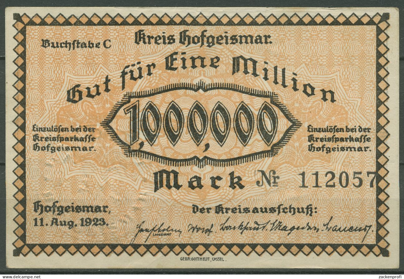 Hofgeismar 1 Million Mark 1923, Keller 2410 Leicht Gebraucht (K1120) - Sonstige & Ohne Zuordnung