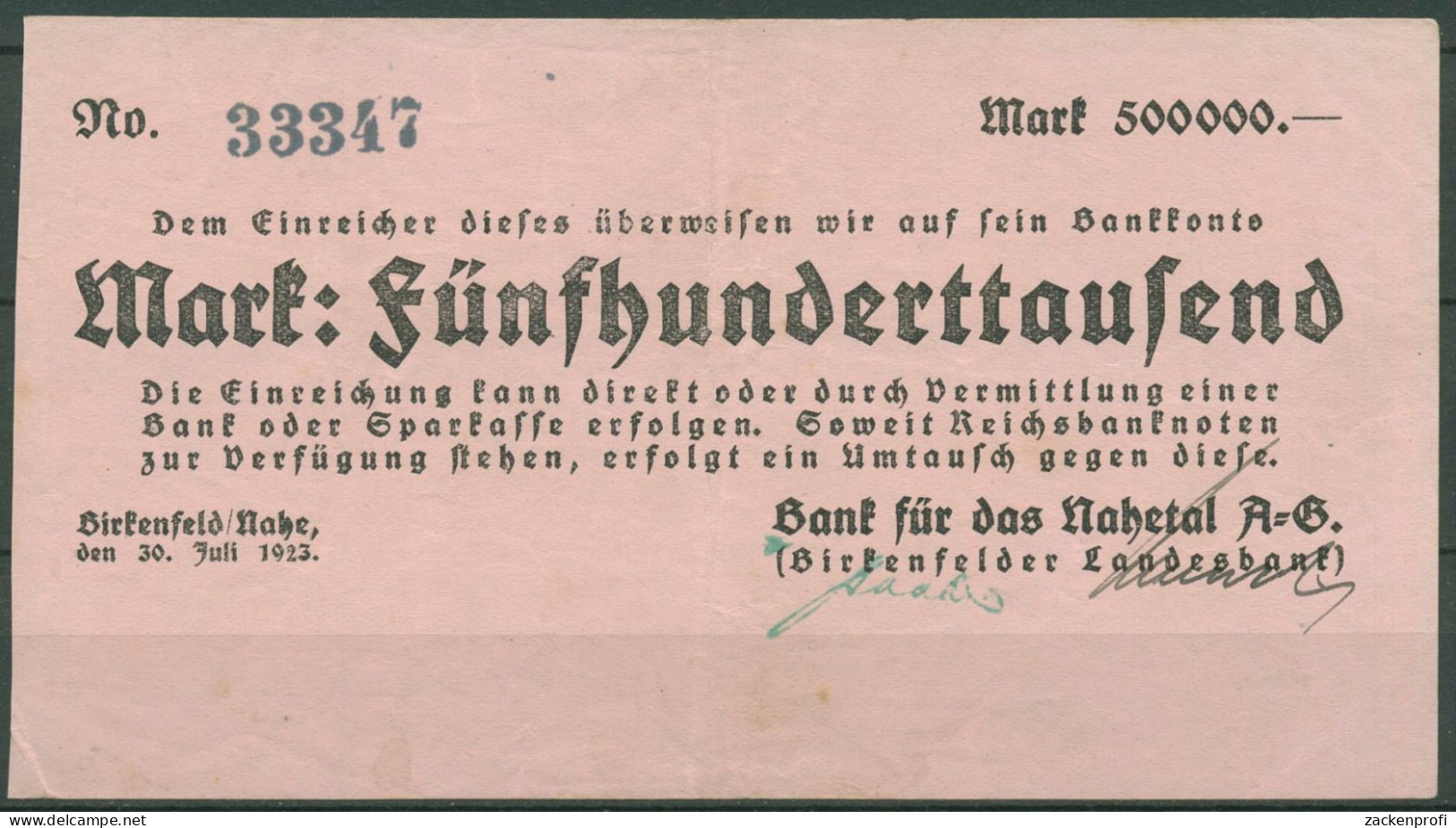 Birkenfeld Nahe 500000 Mark 1923, Keller 428 A, Leicht Gebraucht (K1115) - Sonstige & Ohne Zuordnung