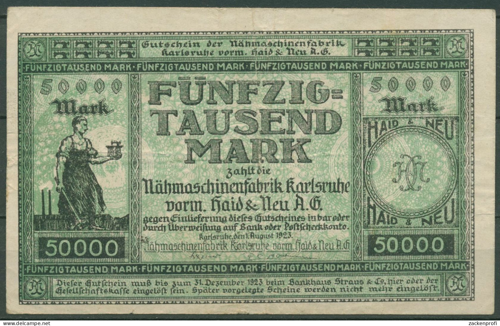 Karlsruhe 50000 Mark 1923, Keller 2584 C, Gebraucht (K1113) - Sonstige & Ohne Zuordnung