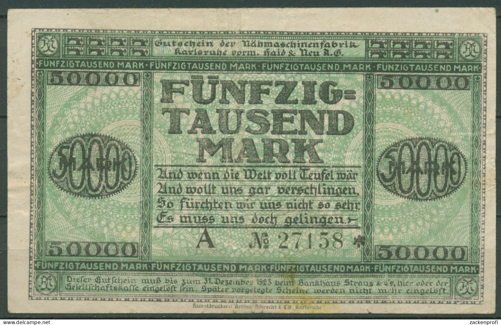Karlsruhe 50000 Mark 1923, Keller 2584 C, Gebraucht (K1113) - Sonstige & Ohne Zuordnung