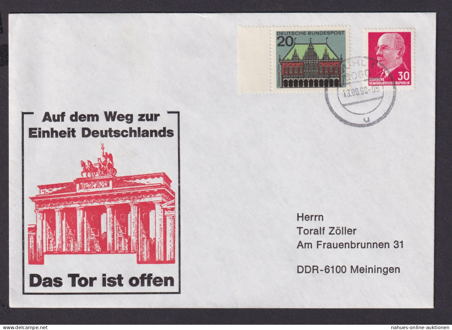 Briefmarken DDR Brief Einheit Deutschland Berlin Brandenburger Tor Ab Suhl - Briefe U. Dokumente