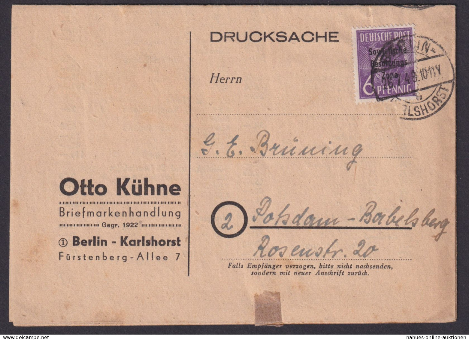 SBZ Postkarte Berlin Karlshorst Briefmarkenhandlung Otto Kühne N. Potsdam - Sonstige & Ohne Zuordnung