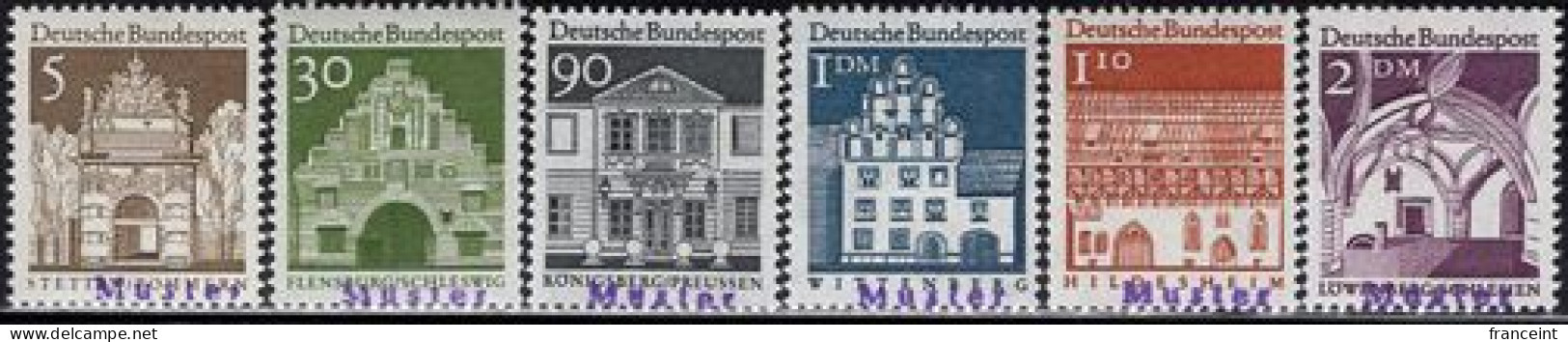 GERMANY(1966) Various Buildings And Structures. Complete Set Of 6 (issued In 1966) With MUSTER (specimen) Overprint. Sco - Autres & Non Classés