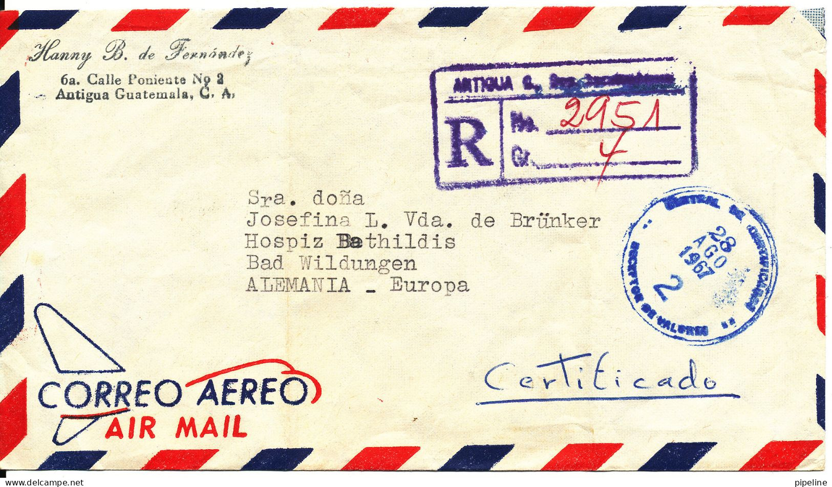Guatemala Registered Air Mail Cover Sent To Germany 26-8-1967 All The Stamps Are On The Backside Of The Cover (bended Co - Guatemala