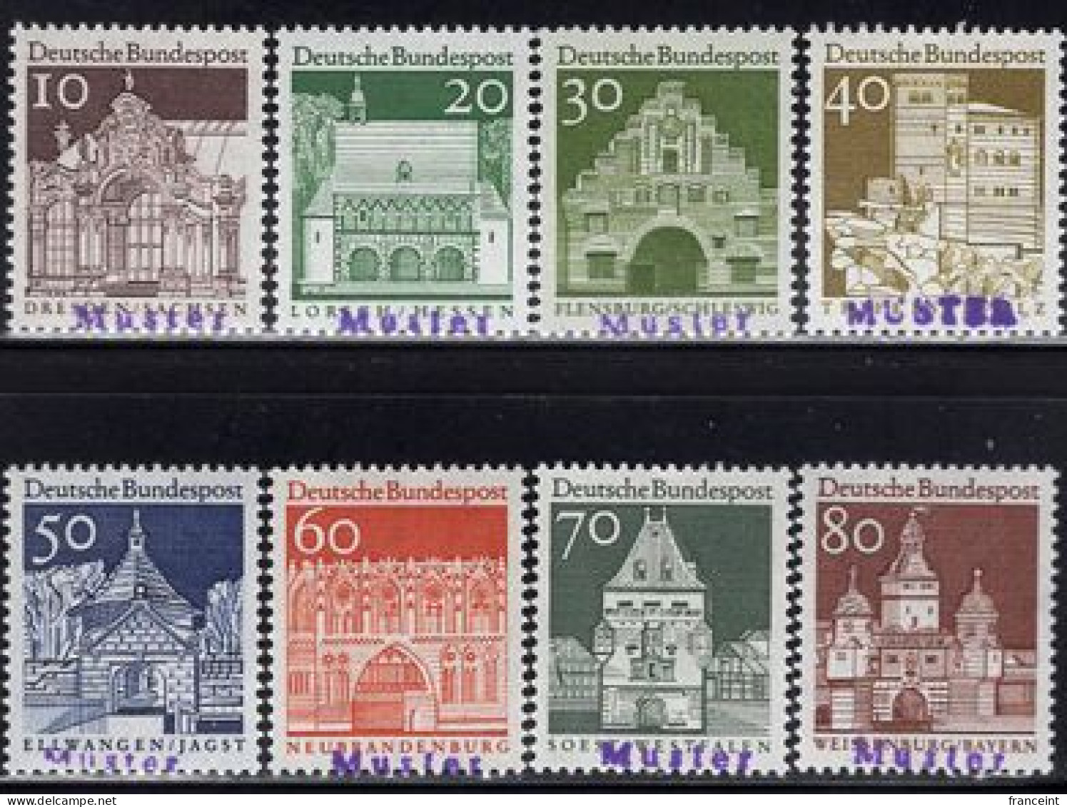 GERMANY(1967) Various Buildings And Structures. Complete Set Of 8 (issued In 1967) With MUSTER (specimen) Overprint. Sco - Sonstige & Ohne Zuordnung