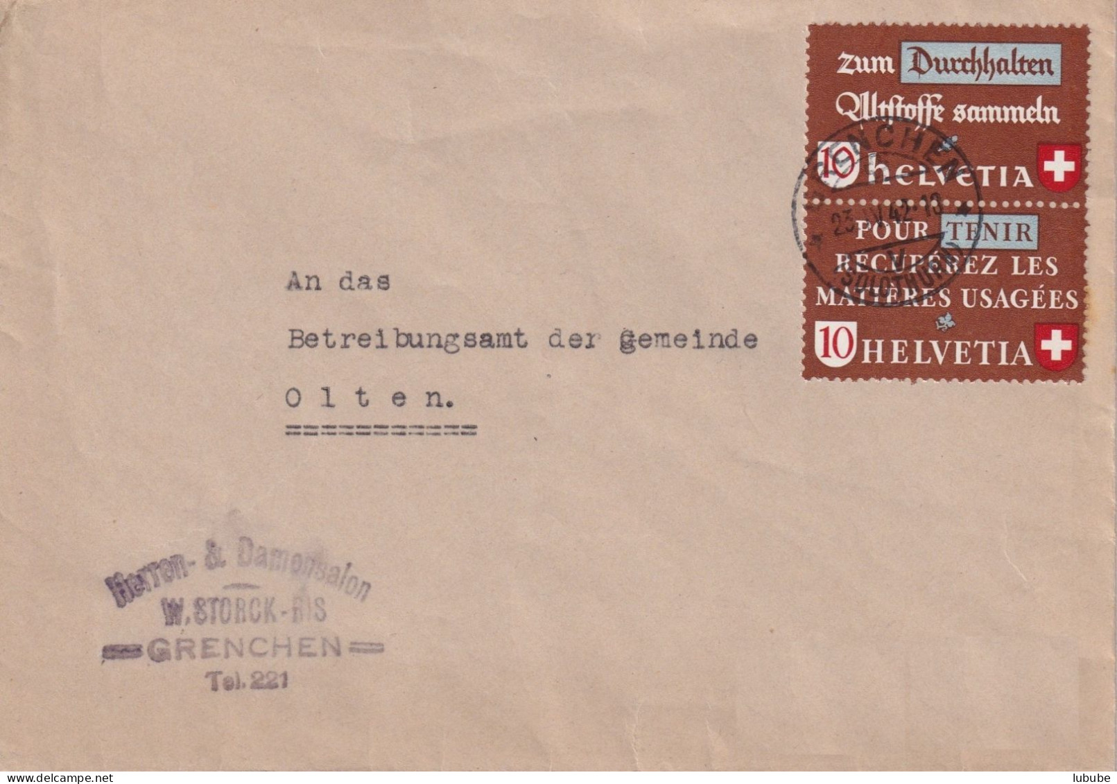 Brief  Grenchen - Olten  (Z-Frankatur)      1942 - Briefe U. Dokumente
