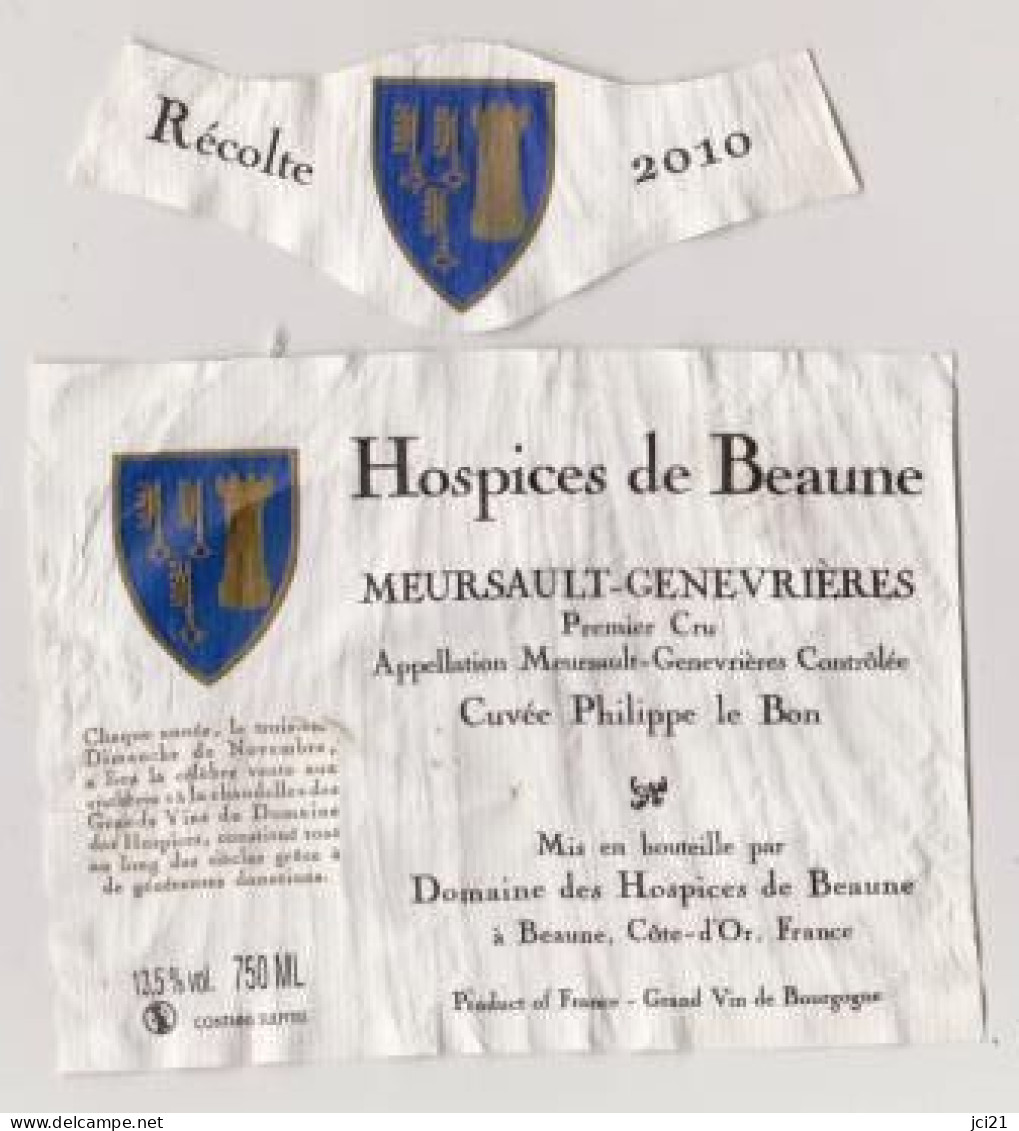 Etiquette Et Millésime HOSPICES DE BEAUNE " MEURSAULT GENEVRIERES 1er Cru 2010 - Cuvée Philippe Le Bon " (2887)_ev435 - Bourgogne