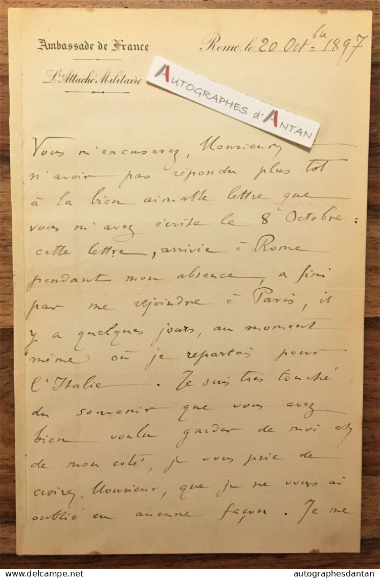 ● L.A.S 1897 Colonel PINSONNIERE - Rome - Ambassade De France Attaché Militaire - Lettre Autographe - Italie Montpellier - Politiques & Militaires