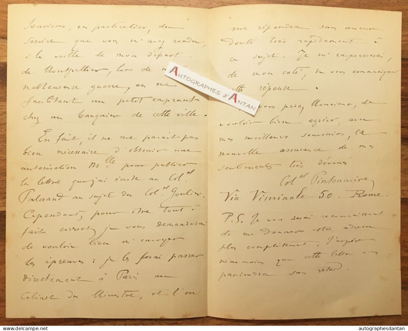 ● L.A.S 1897 Colonel PINSONNIERE - Rome - Ambassade De France Attaché Militaire - Lettre Autographe - Italie Montpellier - Político Y Militar