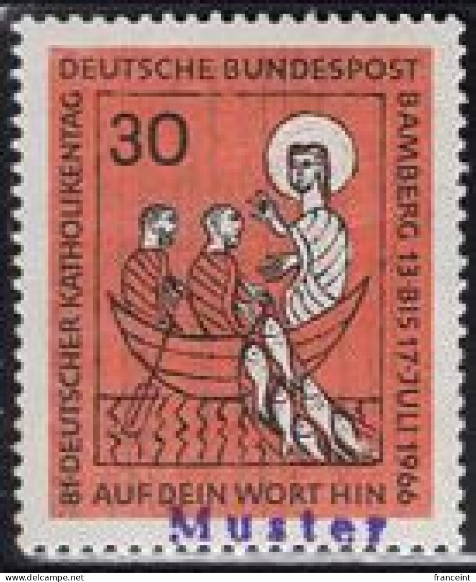 GERMANY(1966) Fishermen Pulling In Miraculous Catch. Jesus. MUSTER (specimen) Overprint. Scott No 961. - Sonstige & Ohne Zuordnung