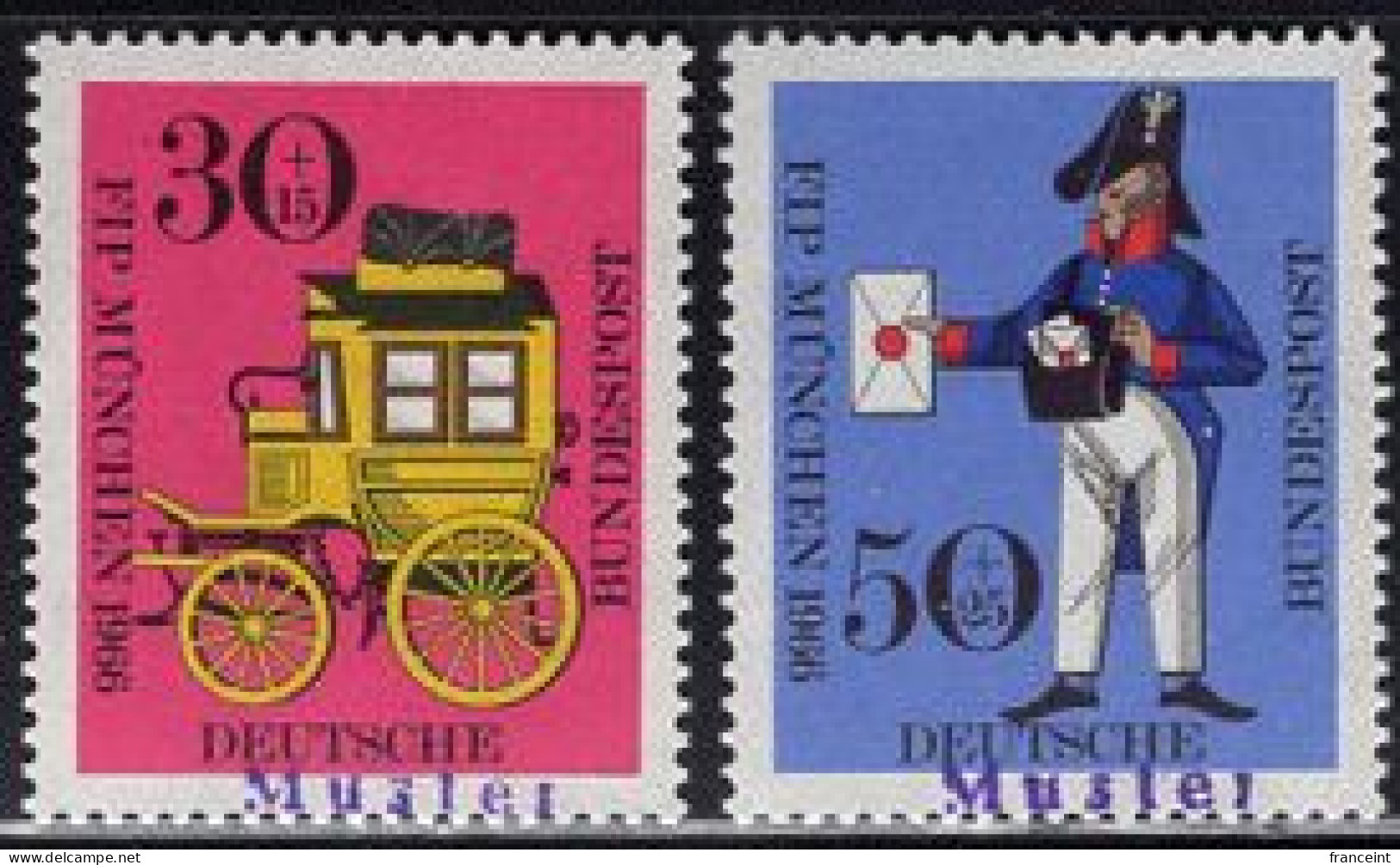 GERMANY(1966) Prussian Letter Carrier. Stagecoach. Set Of 2 With MUSTER (specimen) Overprint. Scott No B416-7. - Andere & Zonder Classificatie