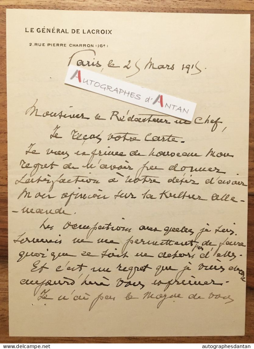 ● L.A.S 1915 Général Henri De LACROIX Né à Abymes (Guadeloupe) Général Maunoury lettre Autographe Rue Pierre Charron Ww1 - Político Y Militar
