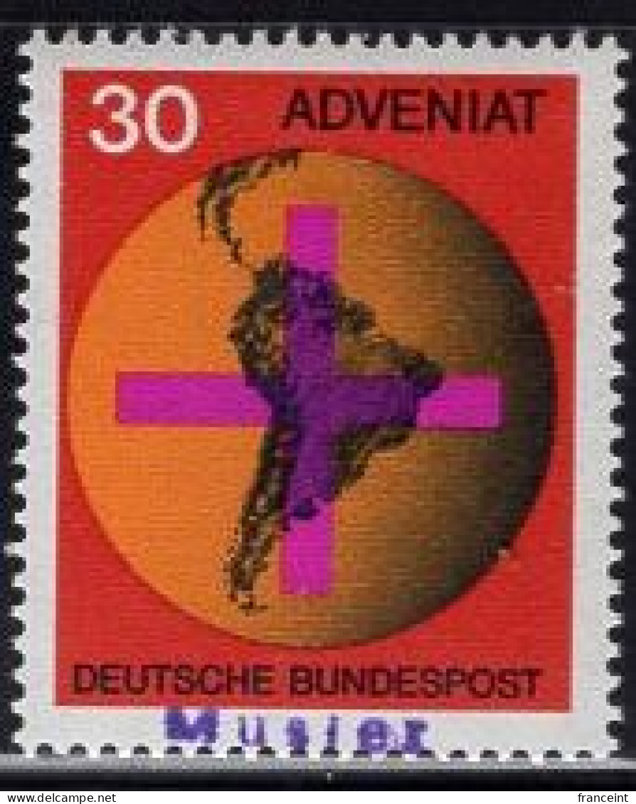 GERMANY(1967) Cross. Map Of South America. MUSTER (specimen) Overprint. Adveniat. Scott No 977. - Other & Unclassified