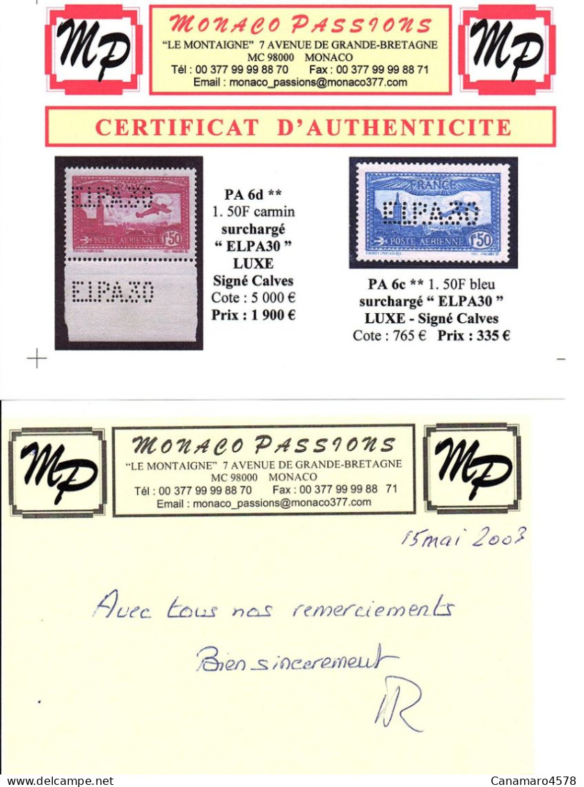 FRANCE - 1930 - PA 6d ** ,  Perforé E.I.P.A.30 Lors De L'Exposition De Paris , 1f.50 Carmin . BdF. - 1927-1959 Ungebraucht