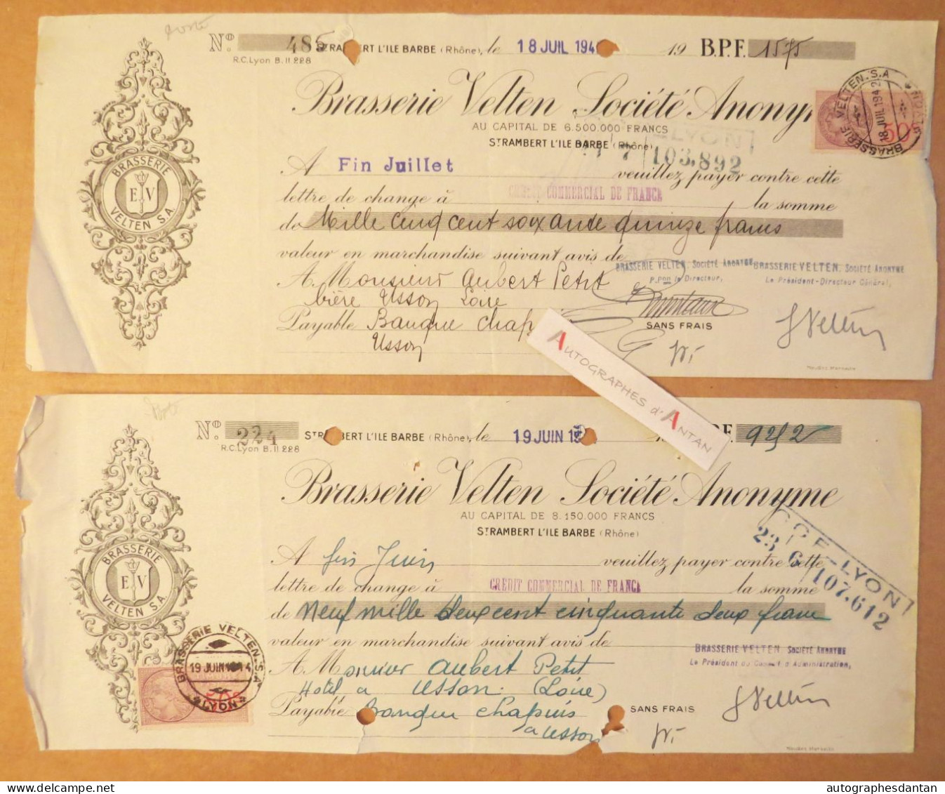 ● Brasserie VELTEN Saint Rambert L'Ile Barbe Lyon - Lot De 2 Lettres De Change 1942 > Aubert Hotel Usson En Forez Rhône - Lettres De Change