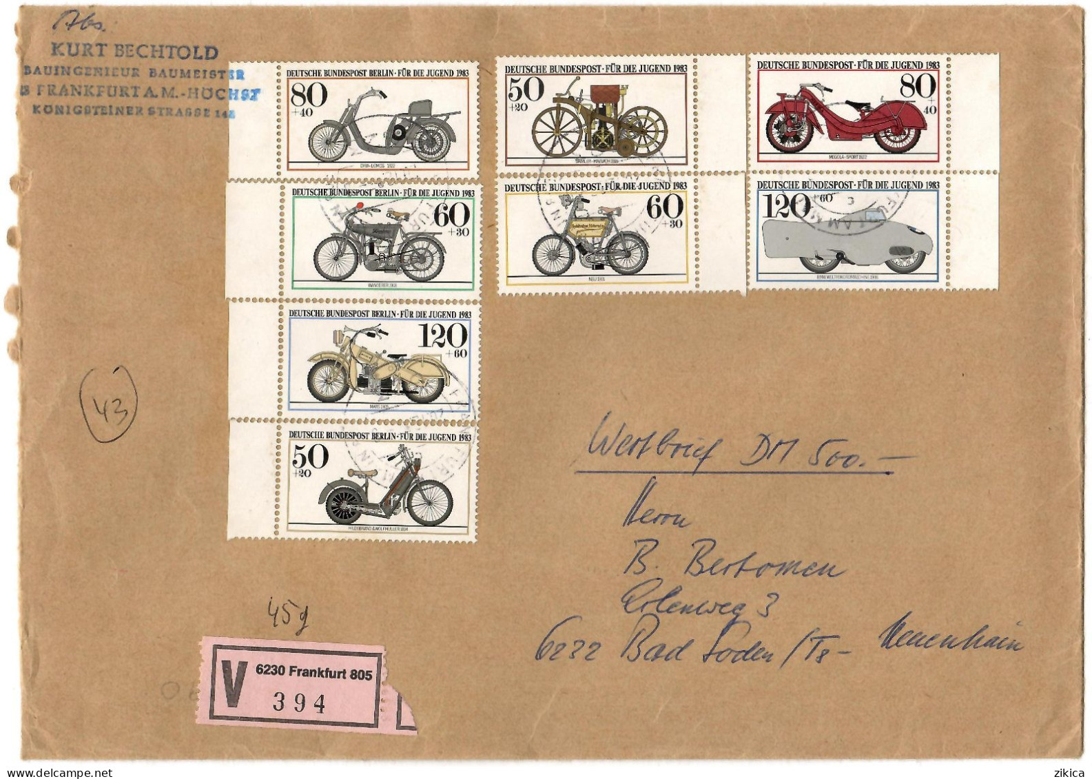 GERMANY - BIG COVER - V - Letter 1983 Frankfurt,Bike,Cycling,motor Bike - Briefe U. Dokumente
