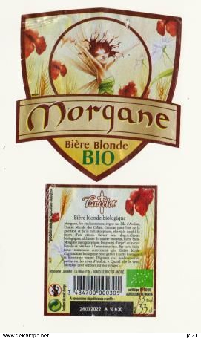 Étiquette Et Contre étiquette De Bière Bio " MORGANE " Fée, Brasserie Lancelot (3198)_eb226 - Cerveza