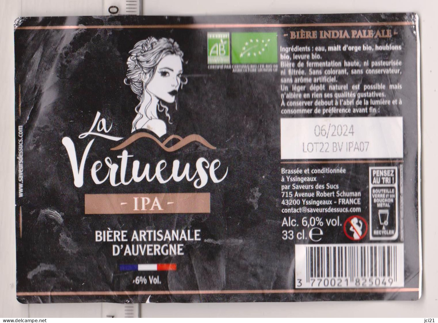 Etiquettes De Bière Artisanale D'Auvergne " La Vertueuse " Brasserie Saveurs Des Ducs 43200 Yssingeaux (3292)_Eb448 - Cerveza