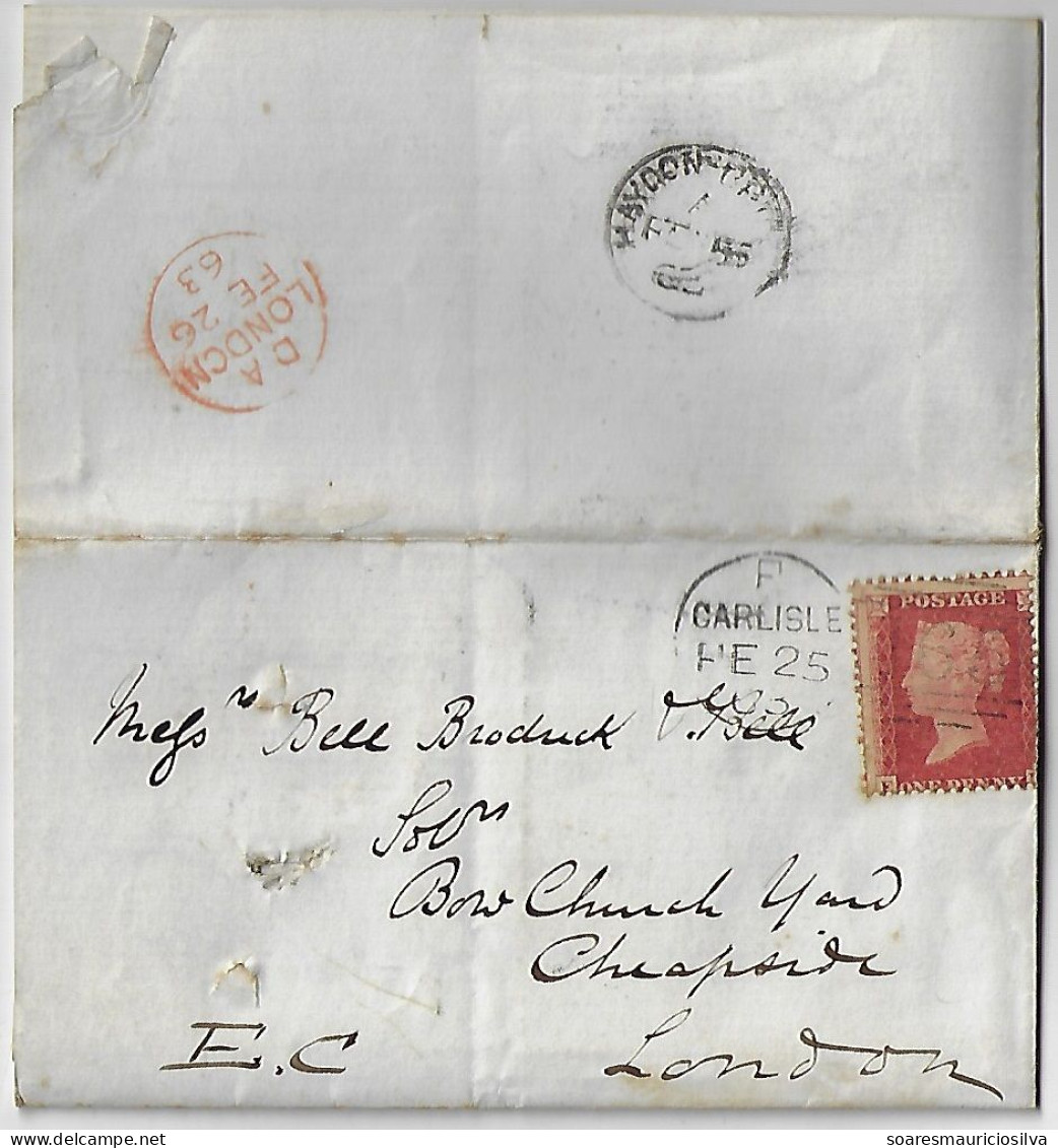 Great Britain 1863 Complete Fold Cover Carlisle To London Stamp 1 Penny Red Perforate Corner Letter EI Queen Victoria - Lettres & Documents