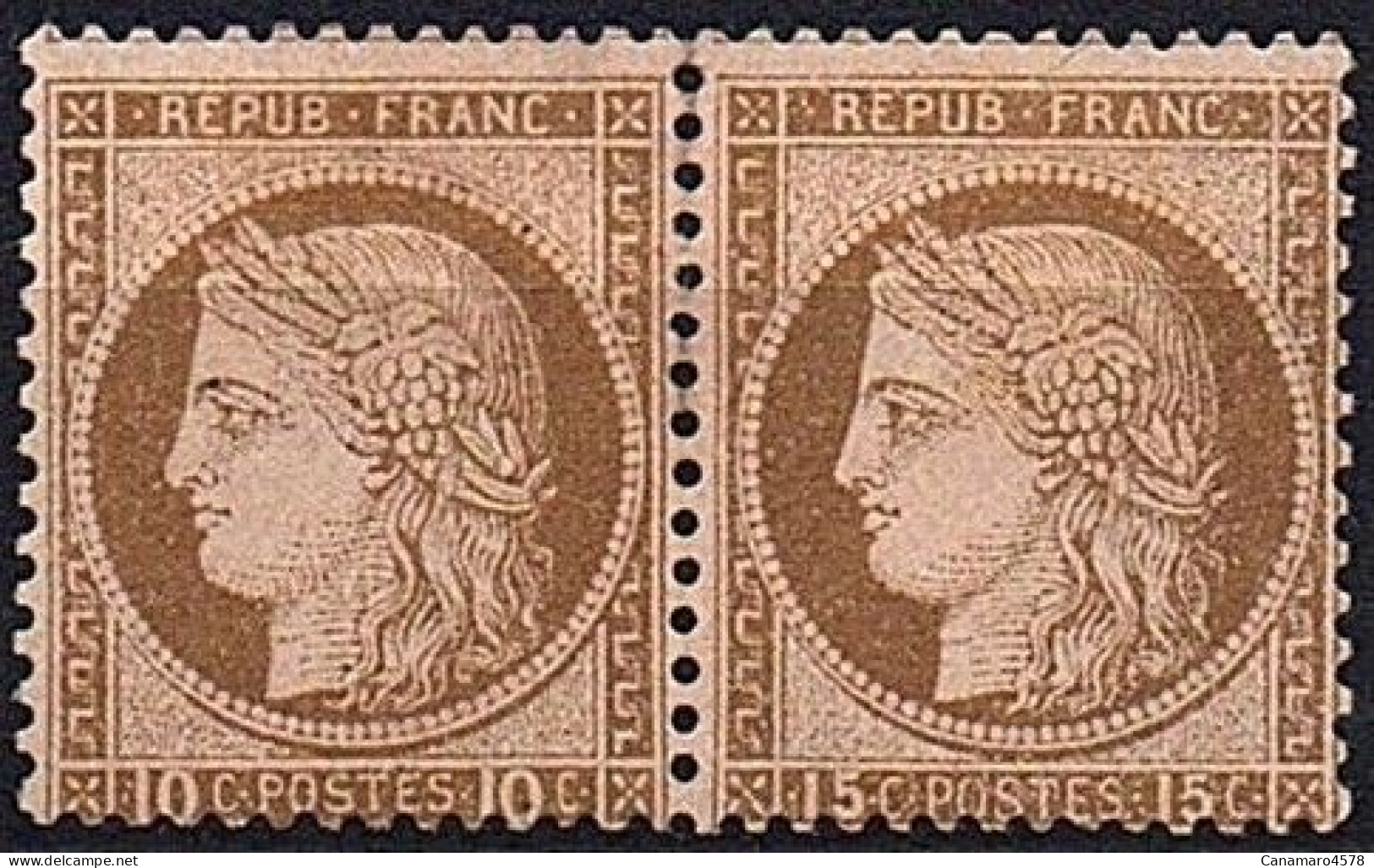 FRANCE - 1873 - Céres Dentelé , IIIème République - N° 55c **, Erreur 15 C. Tenant à 10 C. ( RR) - 1927-1959 Postfris