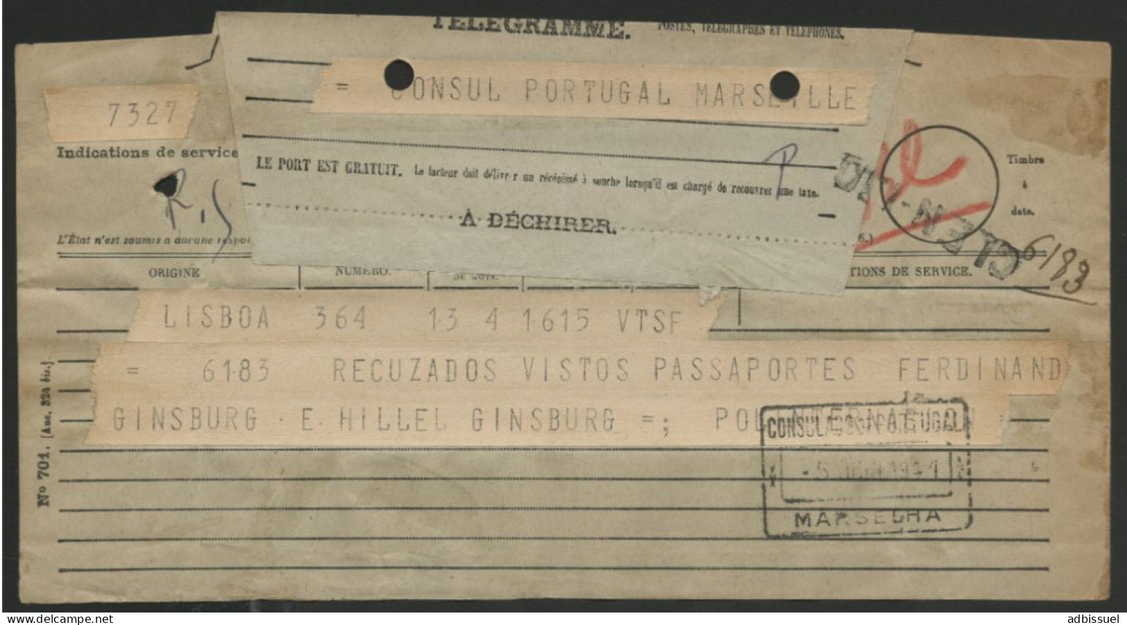 1941 JUDAICA TELEGRAMME REFUSANT à FERDINAND GINSBURG Et HILLEL GINSBURG  Un Visa Portugais Via Marseille - Documents Historiques