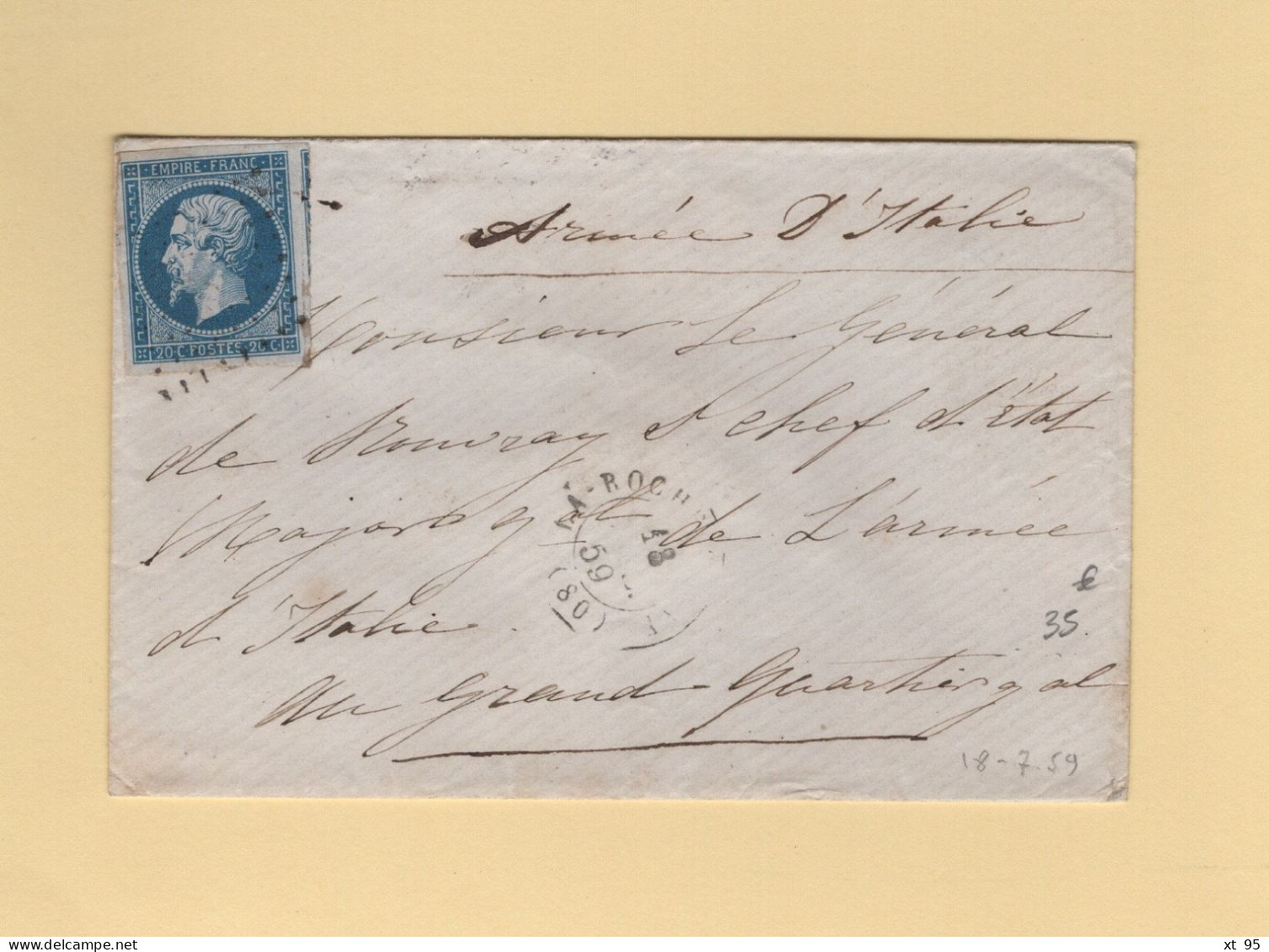 Tarif Militaire - Lettre Adressee Au General De L Armee D Italie Etat Major - 1859 - La Rochelle - Sans Correspondance - 1849-1876: Classic Period