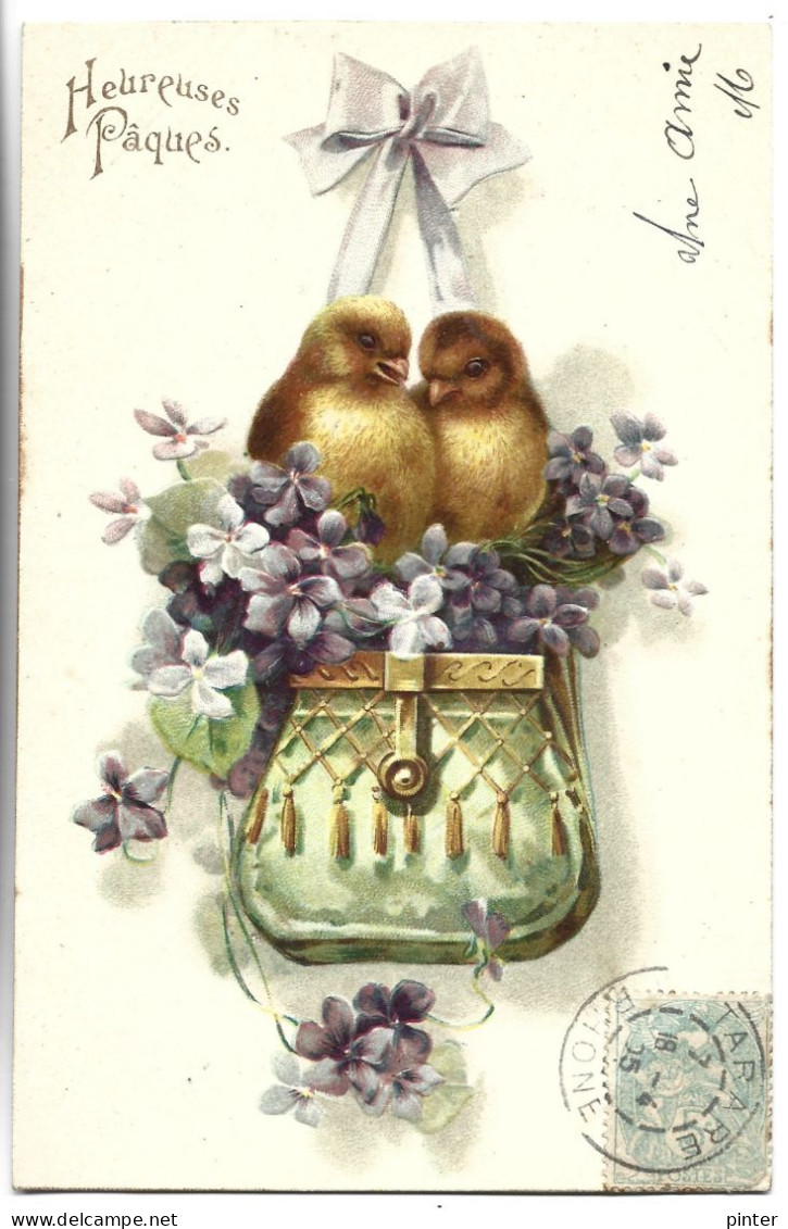 HEUREUSES PAQUES - Poussins Et Fleurs - Carte Gaufrée - Ostern