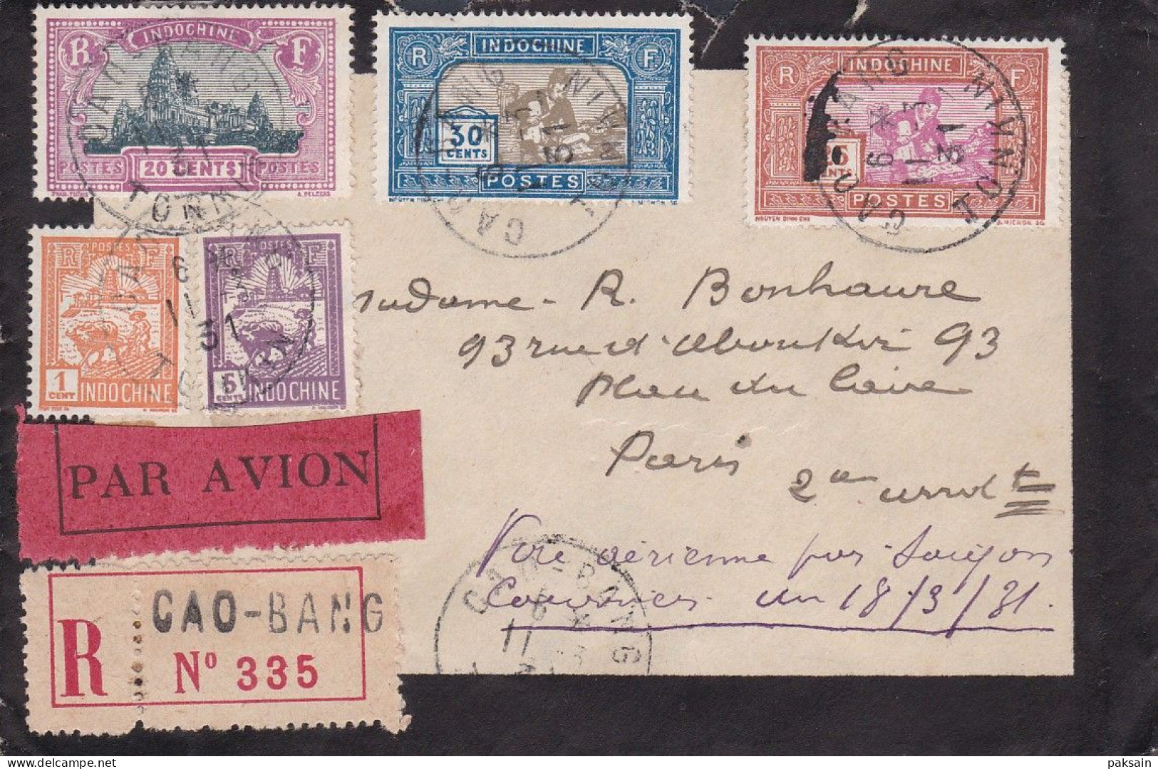 Lettre En Recommandée 1931 De CAO-BANG Pour La France Via Hanoi Et Saigon Indochine Vietnam - Covers & Documents