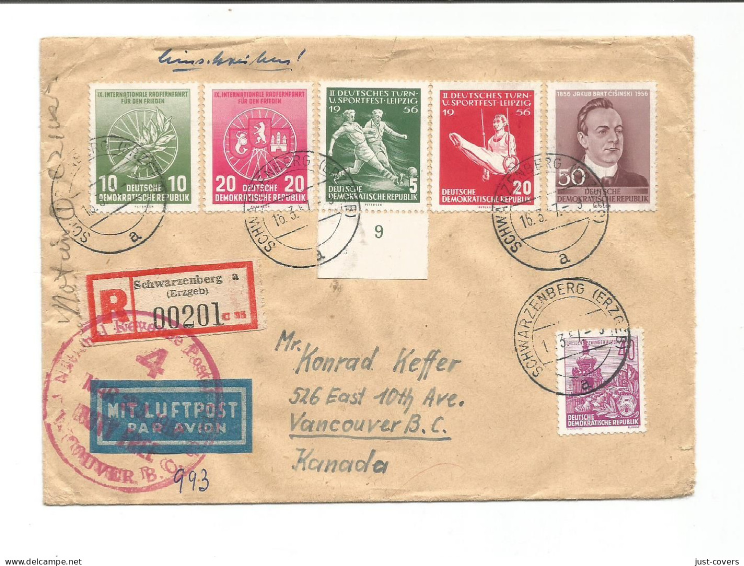 East Germany Schwarzenberg To Vancouver BC Canada Registered...........................................dr1 - Storia Postale