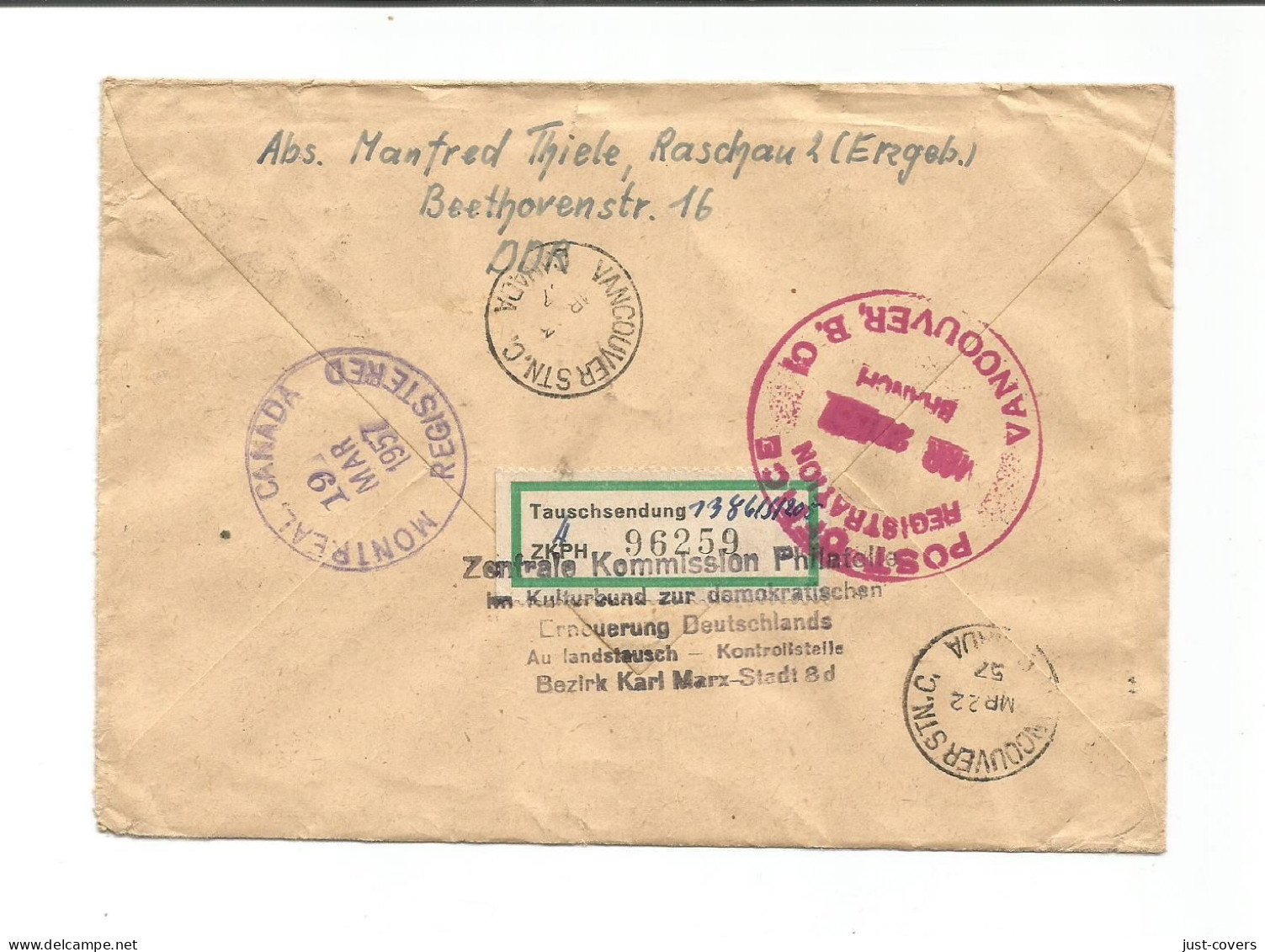 East Germany Schwarzenberg To Vancouver BC Canada Registered...........................................dr1 - Storia Postale