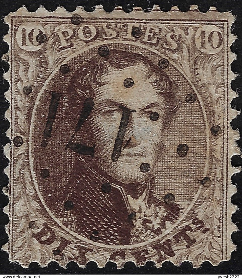 Belgique 1863 COB 14, 10 C Léopold Ier Médaillon Dentelé 12½ Oblitération à Points 171 Havelange. Petit Aminci - 1863-1864 Medaillons (13/16)