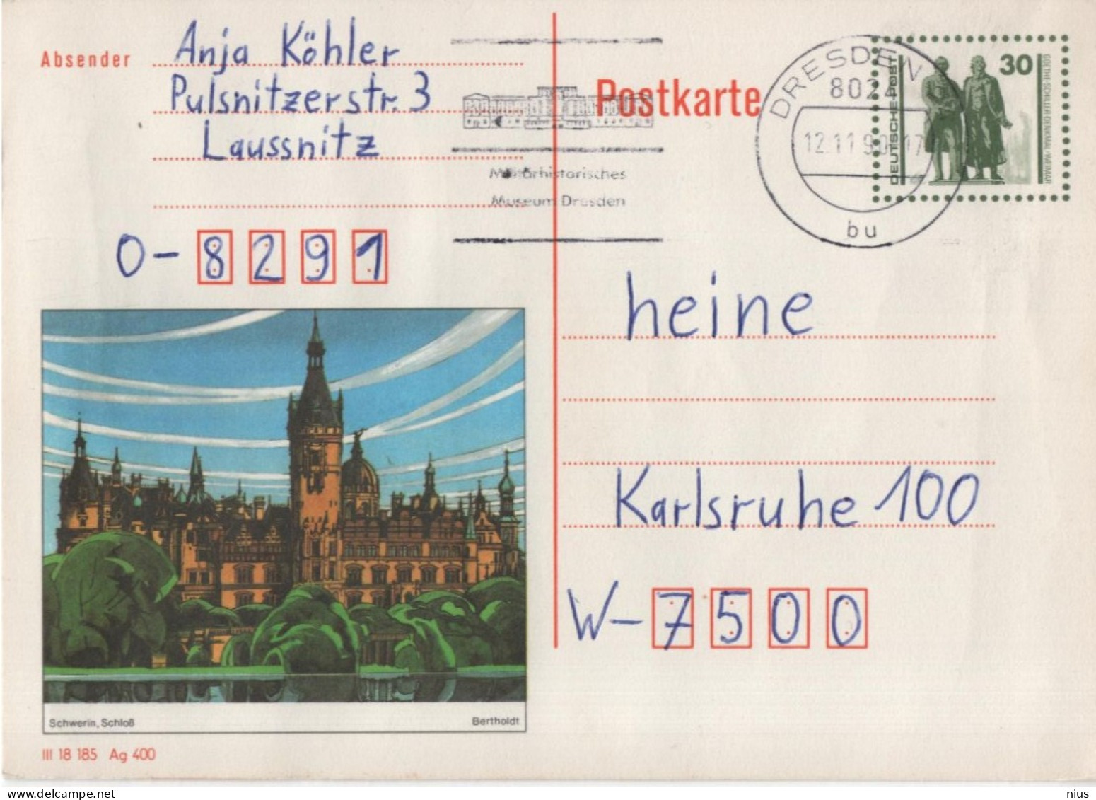 Germany Deutschland DDR 1990 Greifswald, Platz Der Freundschaft, Goethe-Schiller-Denkmal Weimar, Museum Dresden - Cartes Postales Privées - Oblitérées