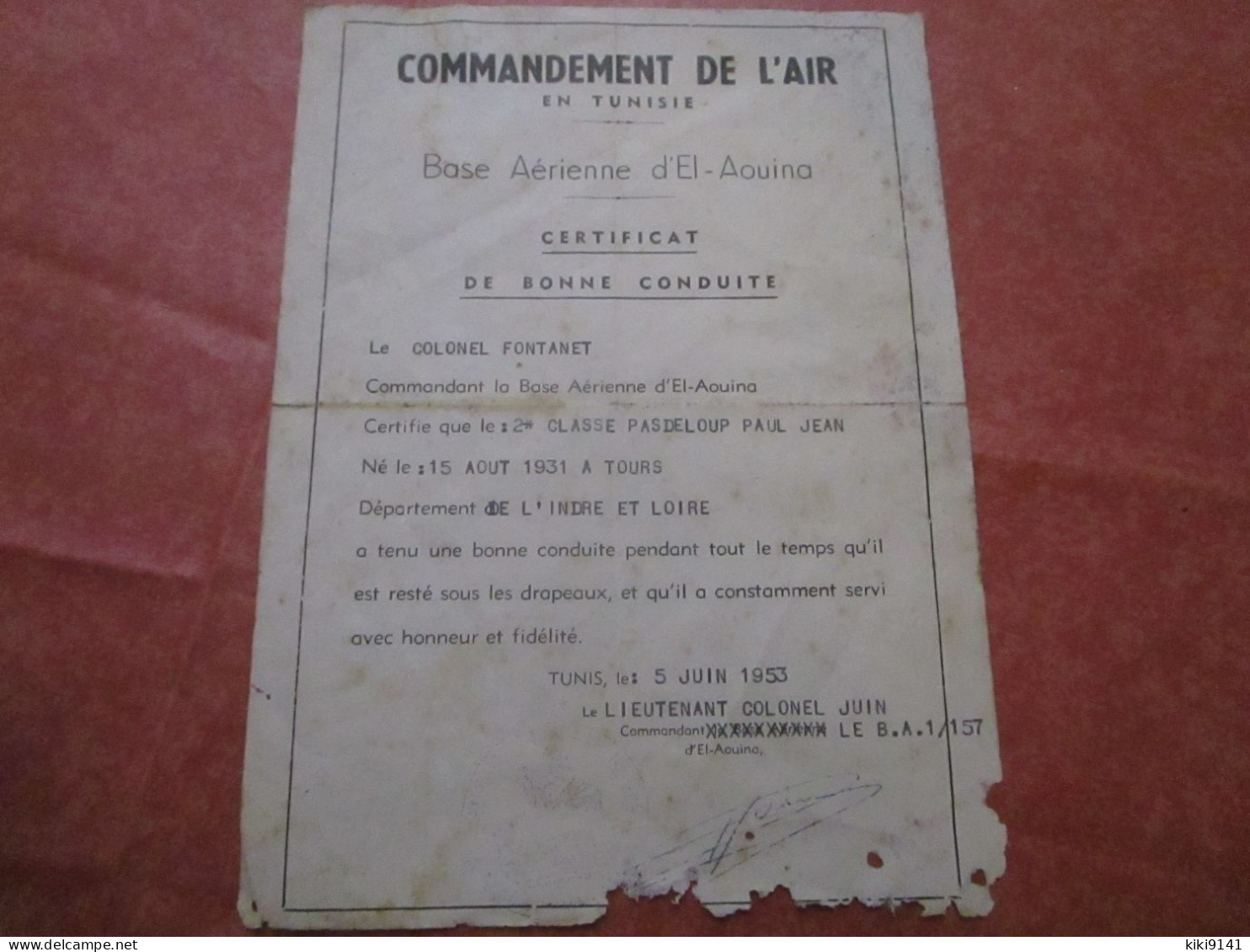 Commandement De L'Air En Tunisie - Base Aérienne D'El-Aouina - Certificat De Bonne Conduite - Aviation