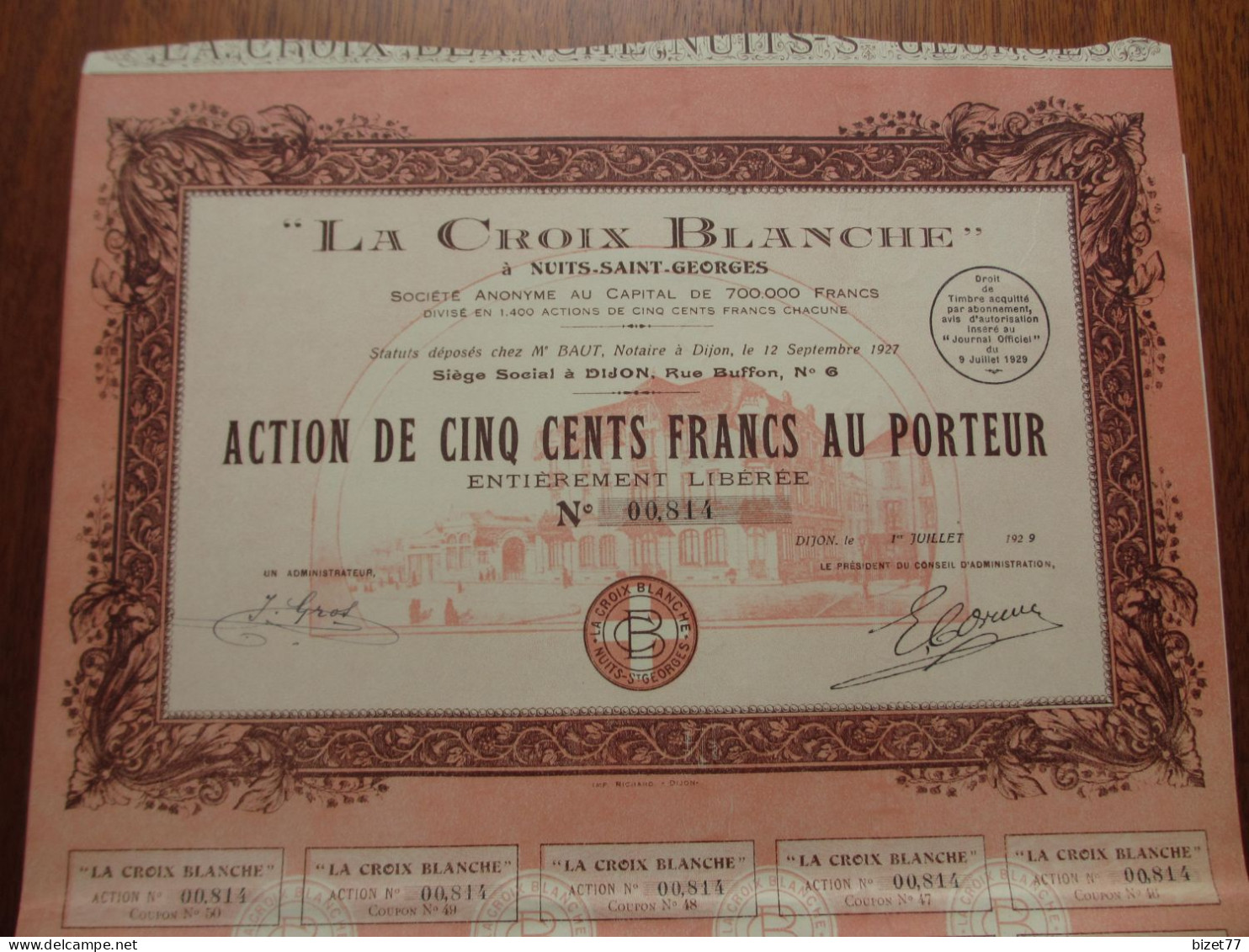 FRANCE - 71 - HTE SÂONE - DIJON 1929 - LA CROIX BLANCHE , NUITS ST GEORGES - ACTION DE 100 FRS - Sonstige & Ohne Zuordnung