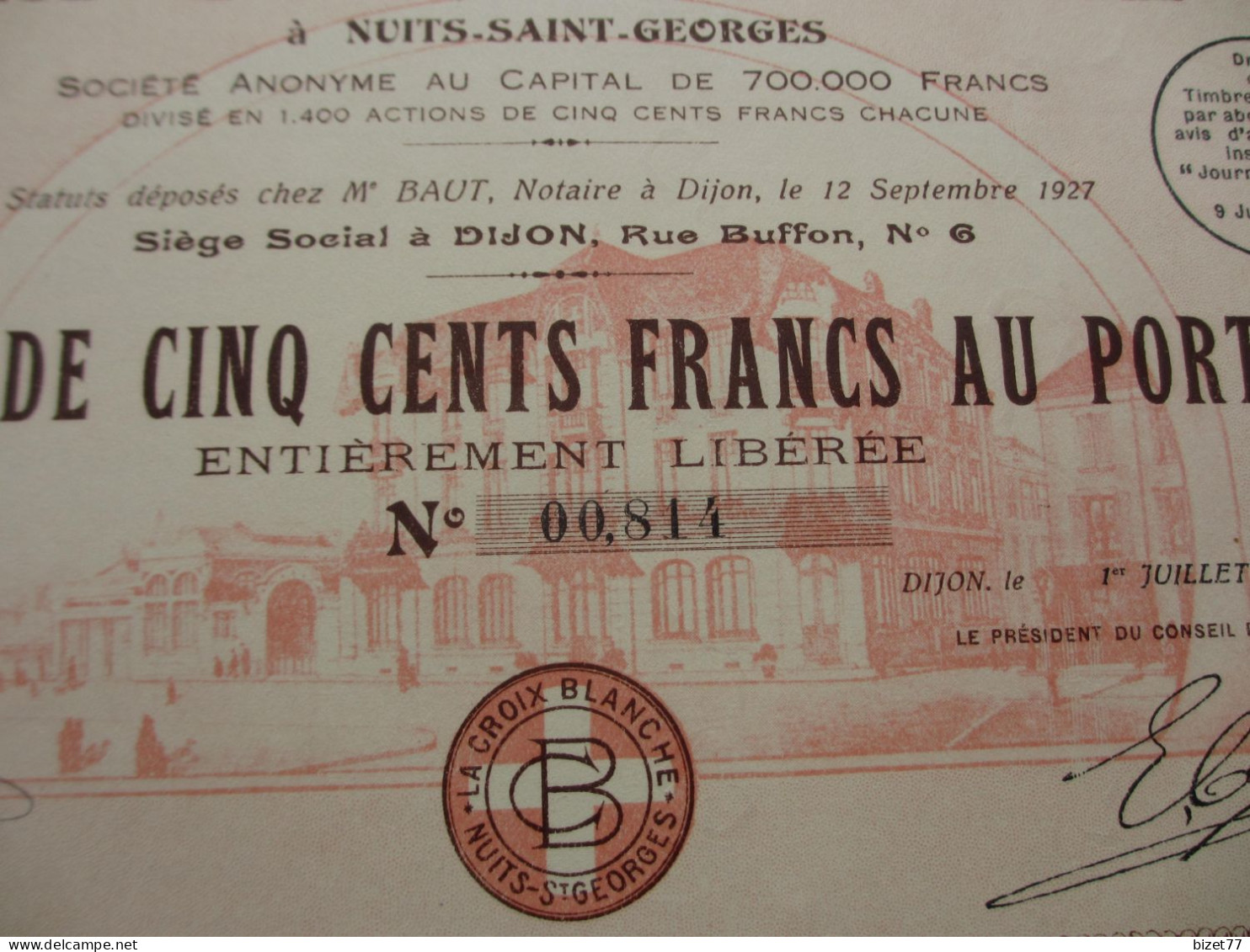 FRANCE - 71 - HTE SÂONE - DIJON 1929 - LA CROIX BLANCHE , NUITS ST GEORGES - ACTION DE 100 FRS - Sonstige & Ohne Zuordnung