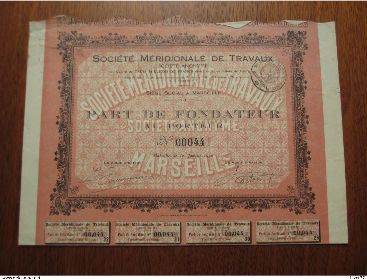 FRANCE - 13 - MARSEILLE 1920 - STE MERIDIONALE DE TRAVAUX - PART DE FONDATEUR - Autres & Non Classés