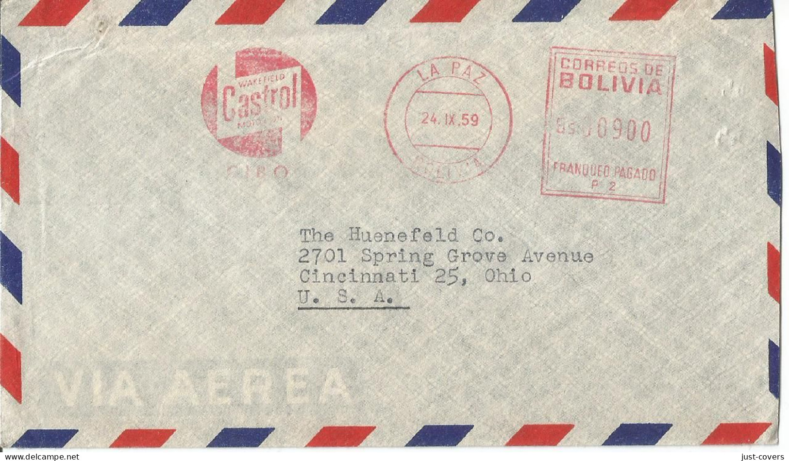 Bolivia Castrol Oil Meter Franking September 24 1959 To Ohio USA....................................dr1 - Bolivia