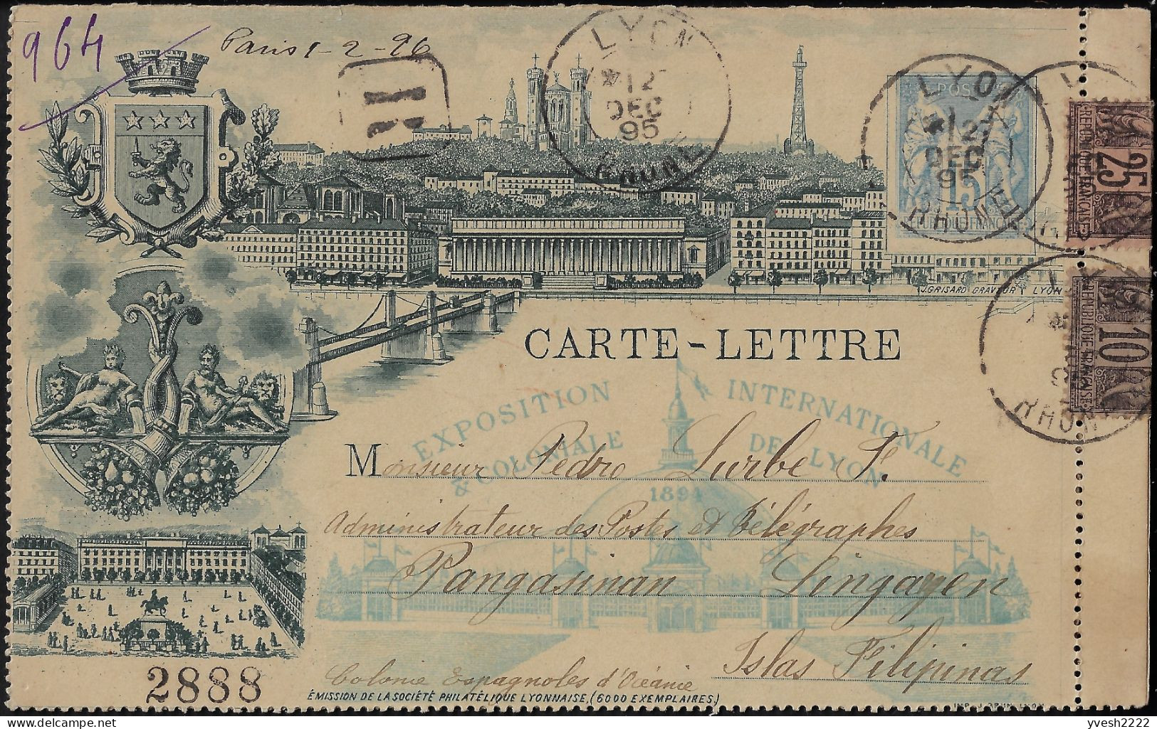 France 1895. Carte-lettre Timbrée Sur Commande. Expo De Lyon, Recommandé Pour Les Philippines ! Pont, Basilique, Lion - Letter Cards