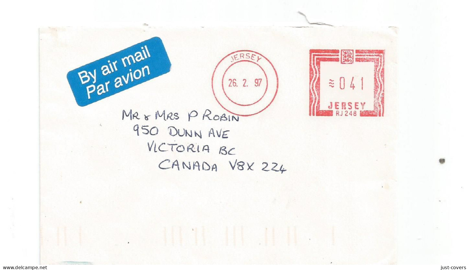 Jersey Meter Franking Feb 26 1997 To Victoria BC Canada....................................dr1 - Jersey